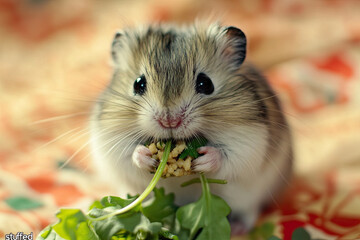 Hamster with cheeks puffed full of food, showcasing a funny “stuffed” look