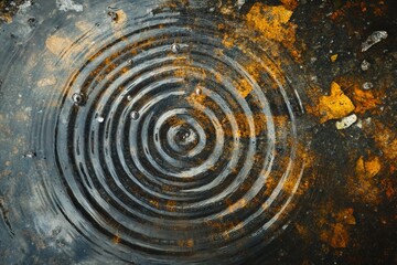 Concentric ripples in dark water with autumn leaves.