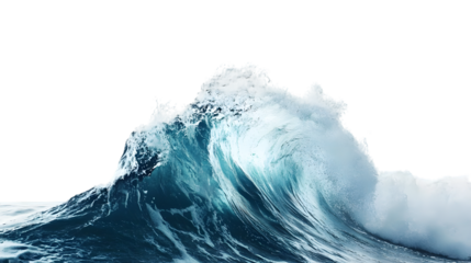Blue ocean wave splashing isolated on transparent background, cut out, PNG