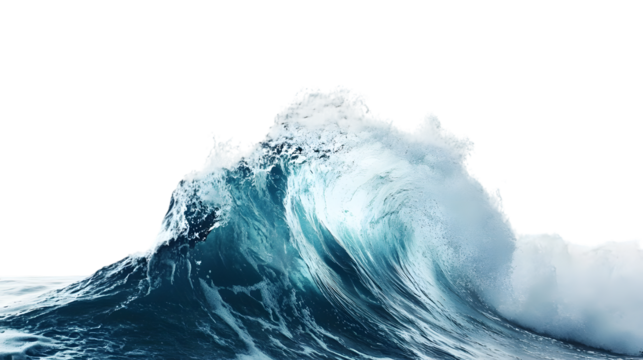 Blue ocean wave splashing isolated on transparent background, cut out, PNG