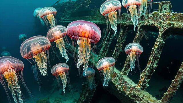 Jellyfish Swarm Shipwreck: A mesmerizing underwater ballet of jellyfish gracefully dance around a decaying shipwreck, their translucent bells pulsating in the deep blue.