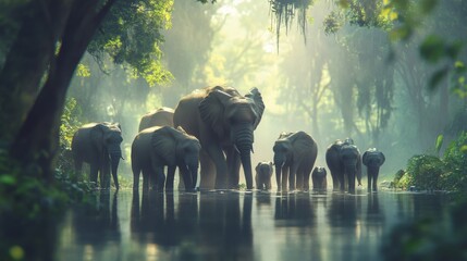 Majestic Elephants Walking Through a Lush Jungle Landscape with Soft Morning Light Reflecting on the Water, Creating a Serene and Peaceful Atmosphere