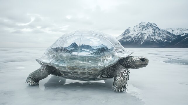 An ancient crystalline tortoise, its shell displaying intricate patterns and a miniature, mountainous glacial landscape within, slowly moving across a frozen plain under soft, over