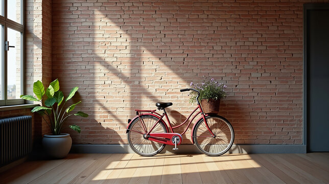 Vintage Red Bicycle with Rustic Charm against Sunlit Brick Wall - Powered by Adobe