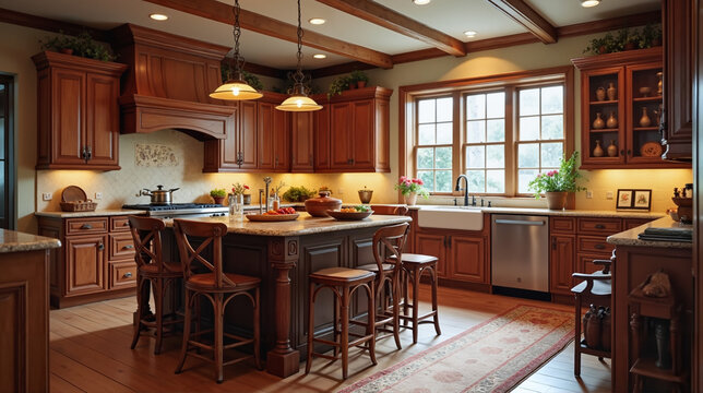 Warm Rustic Kitchen with Elegant Island Illuminated by Pendant Lights