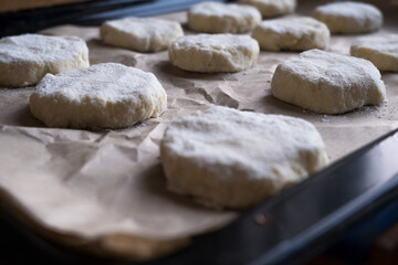 Close-up of cookie dough on a baking sheet. Culinary concept.