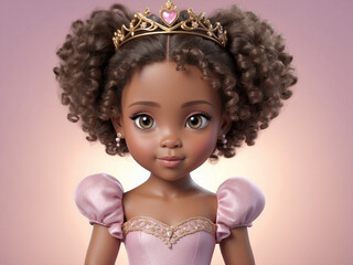Fototapeta premium 3D portrait of a very cute African American princess with a doll-like face and big, expressive eyes