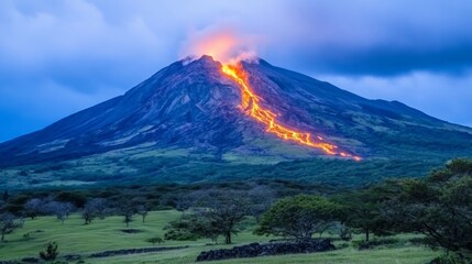 Fototapeta premium Eruption of a Volcano at Dusk, Fiery Lava Flow