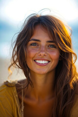 A woman with long brown hair smiling at the camera
