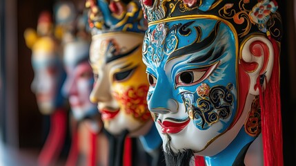 Obraz premium Traditional Chinese Opera Mask Display with Vibrant Colors and Intricate Details Vibrant Chinese Opera Mask Display Intricate Hand-Painted Cultural Masks Traditional Asian Festival Artifacts