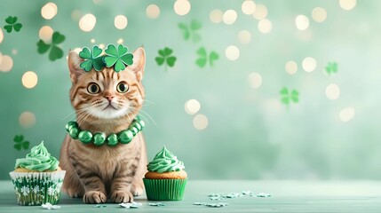 A festive cat adorned with green accessories, surrounded by cupcakes and shamrocks, perfect for a St. Patrick's Day celebration.
