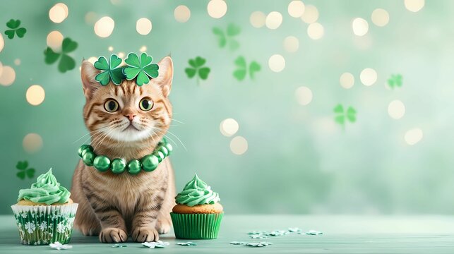 A festive cat adorned with green accessories, surrounded by cupcakes and shamrocks, perfect for a St. Patrick's Day celebration.