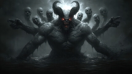 powerful demon with multiple heads and arms emerging from darkness