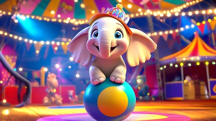 Fototapeta premium A cartoon elephant is standing on a ball in a circus setting