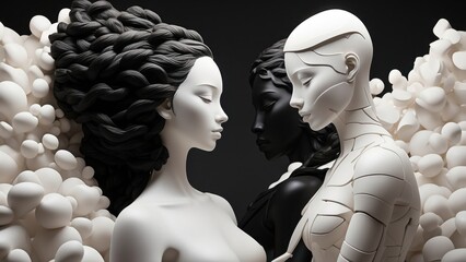 An 8K high-resolution image that is intriguing and conveys a strong message of change. A black figure on the left and a white figure on the right are two opposing silhouettes set on a solid, neutral b