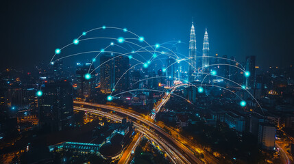 Fototapeta premium Abstract businesswoman stands on the peak of success Smart digital city with connection cyber security network reciprocity over the cityscape future wireless digital city and social media networking
