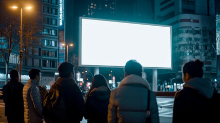 People Observing a Blank LED Billboard Mockup in an Urban Setting