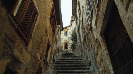 A narrow, stone stairway lined with rustic buildings, leading upward in a quaint setting.