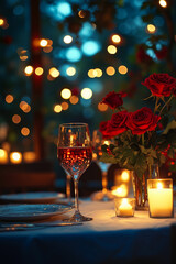 A glass of wine sitting on top of a table next to a vase of flowers