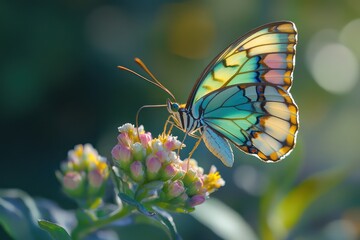 Fototapeta premium A butterfly with wings in shades of turquoise, pink, and yellow perched on a multi-colored flower, captured in high definition, showcasing its fine details.