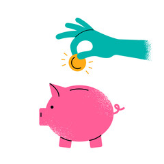 hand puts coin into piggy bank isolated on white background. concept of investing, saving, and thrift. flat drawing with texture and lines. stock vector illustration. EPS 10.