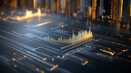 Abstract digital cityscape with glowing data visualization graph.