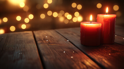 Three Lit Candles on a Dark Wooden Table at Night, A serene image of three lit candles on a dark wooden table, set against a softly focused background of warm, bokeh lights.