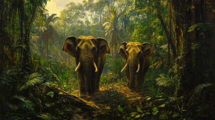 Fototapeta premium Two majestic elephants standing calmly in a lush rainforest, surrounded by vibrant greenery and soft light filtering through the trees, showcasing serene wildlife beauty.
