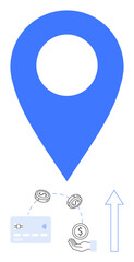 Large blue location pin above credit card, rotating coins, and upward arrow. Ideal for finance, banking, mobile payments, GPS, navigation business growth e-commerce. Line metaphor