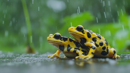 Two Vibrant Black and Yellow Frogs Sheltering from Rain on a Wet Surface Surrounded by Lush Green Foliage in a Natural Habitat