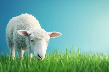 Obraz premium 3D Rendering Young white sheep eating green grass on the field. Blue Background. Eid Adha Concept 
