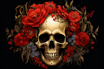 A skull with flowers on a black background