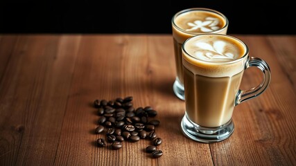 Coffee iced latte in a glass with milk, roasted coffee beans on wooden table at coffee shop, latte, milk