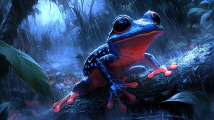 Obraz premium Vibrant Blue Frog in Rainy Jungle Environment with Lush Greenery, Captivating Colors and Stunning Detail Showcasing Nature’s Beauty and Biodiversity