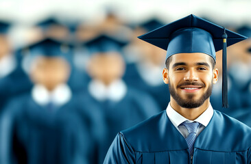 Fototapeta premium A man wearing a blue cap and gown is smiling for the camera. He is surrounded by other graduates in blue