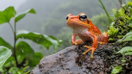 Fototapeta premium Vibrant Orange Frog Perched on a Rock in Lush Green Rainforest with Drops of Water, Capturing Nature's Beauty in a Misty Tropical Environment