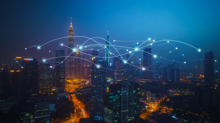 Fototapeta premium Abstract businesswoman stands on the peak of success Smart digital city with connection cyber security network reciprocity over the cityscape future wireless digital city and social media networking