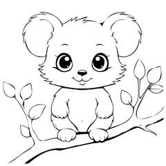 Cute Koala sitting on tree branch vector line drawing ideal for children coloring book adorable happy animal. This coloring page is ideal for children coloring book aged 1-3