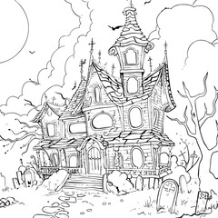 Scary haunted house with moon clouds and grave line drawing coloring pages for toddlers illustration vector. This coloring page is ideal for children coloring book aged 1-3