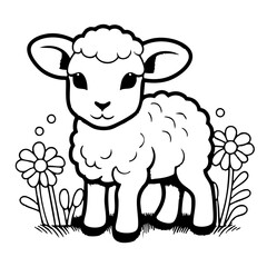 Sheep cub in a field with flowers simple line drawing coloring pages for toddlers illustration vector. This coloring page is ideal for children coloring book aged 1-3