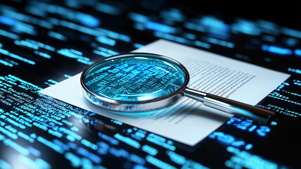 A detailed it security risk assessment concept depicted with a magnifying glass focused on a document within an abstract technological atmosphere, symbolizing scrutiny and protection
