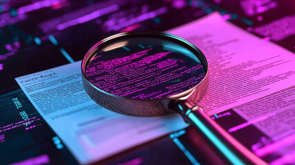 A detailed IT Security Risk Assessment concept depicted with a magnifying glass focused on a document within an abstract technological atmosphere, symbolizing scrutiny and protection.

