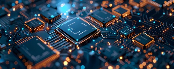 Digital tecnology background processor with orange glowing light