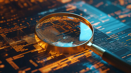 A detailed IT Security Risk Assessment concept depicted with a magnifying glass focused on a document within an abstract technological atmosphere, symbolizing scrutiny and protection
