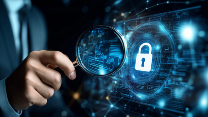 A detailed IT Security Risk Assessment concept depicted with a magnifying glass focused on
