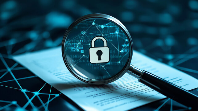 A detailed IT Security Risk Assessment concept depicted with a magnifying glass focused on
