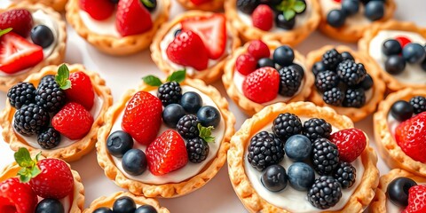 Colorful assortment of mini berry tartlets with vibrant mixed berries on top, perfect for a kitchen-themed pastry dessert pattern, tartlets, mixed berries