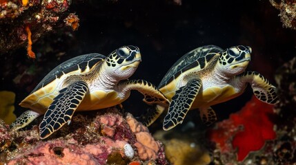 Fototapeta premium Colorful Turtles Exploring a Serene Reef Environment