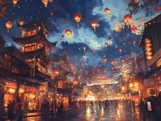 Festive Night Market Scene With Lanterns And Crowds