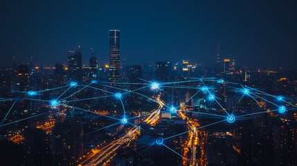 Abstract businesswoman stands on the peak of success Smart digital city with connection cyber security network reciprocity over the cityscape future wireless digital city and social media networking